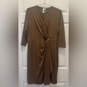 Emma & Michele Brown Long Sleeve Gathered V-neck Suede Dress | Size L